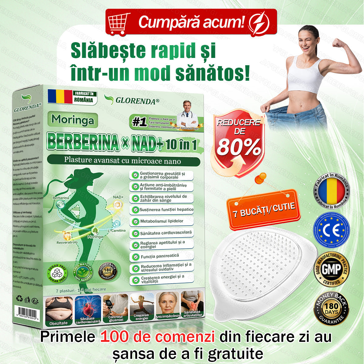 🎊Magazin Oficial | 🌿 GLORENDA® Moringa · Berberină × NAD+ Plasture Avansat Nano cu Microace 10 în 1 (Doar o dată pe zi, schimbări vizibile în 7 zile) ✅ Pentru obezitate, piele lăsată, diabet, apnee în somn, probleme articulare și multe altele